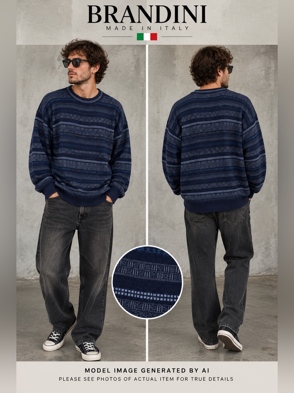 Brandini Made In Italy Pure Merino Wool Sweater XL Geometric Knit Grandpa Retro